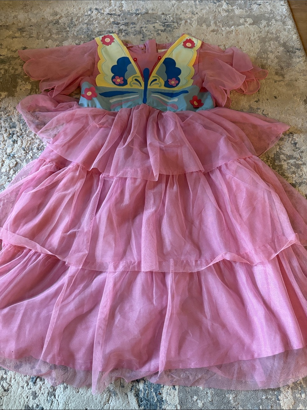 Mini Boden Pink Butterfly Tulle Dress with Colorful Bodice Girls Size 8-9Y.